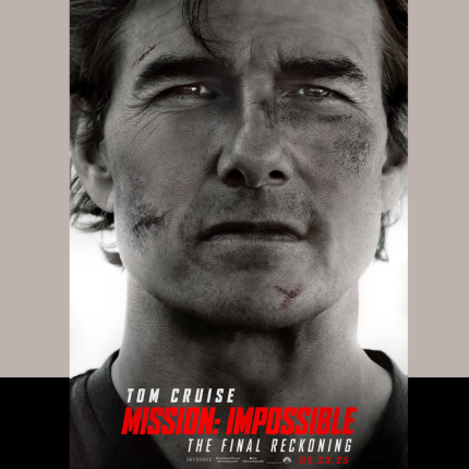 Tom Cruise in an extreme close-up for movie poster, Mission: Impossible: The Final Reckoning.