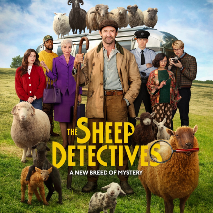 movie poster for the sheep detectives, starring hugh jackman and some adorable sheep